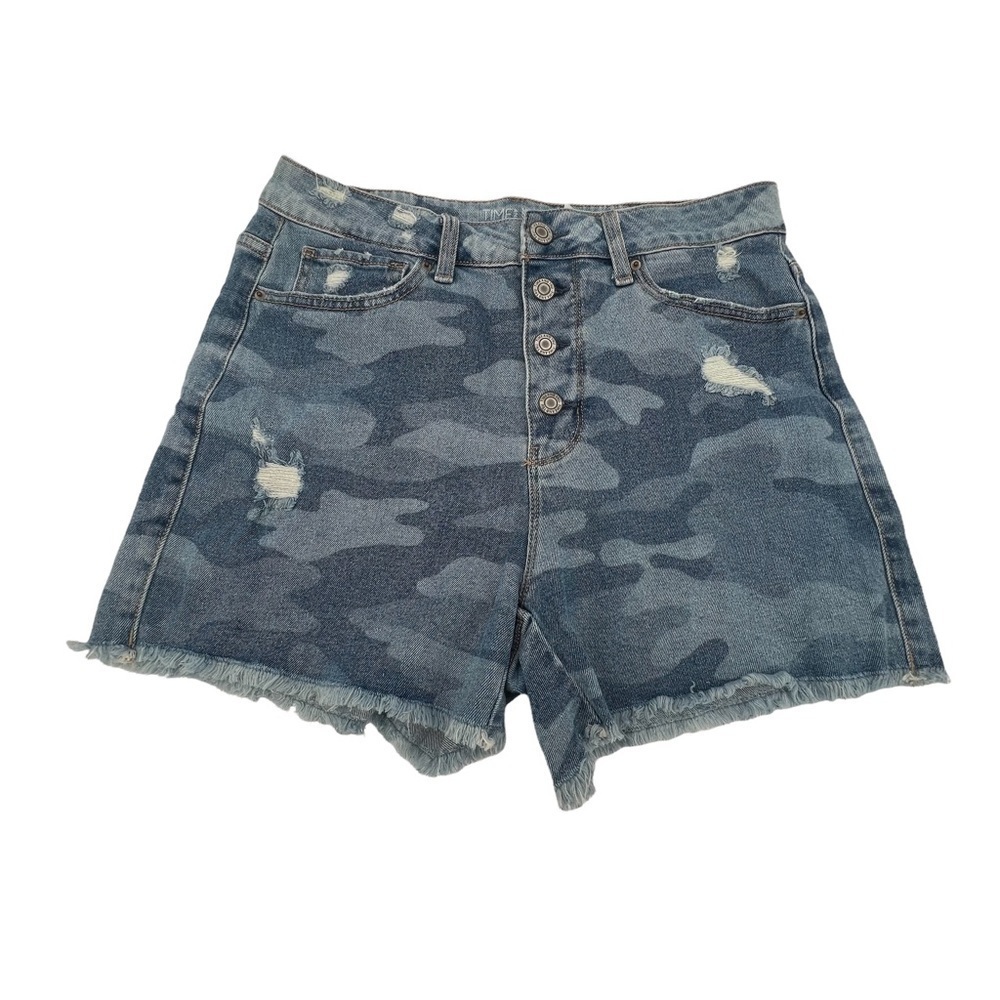 Time & Tru High-Rise Button Fly Camouflage Cut Off Jean Shorts Size 8 Women’s